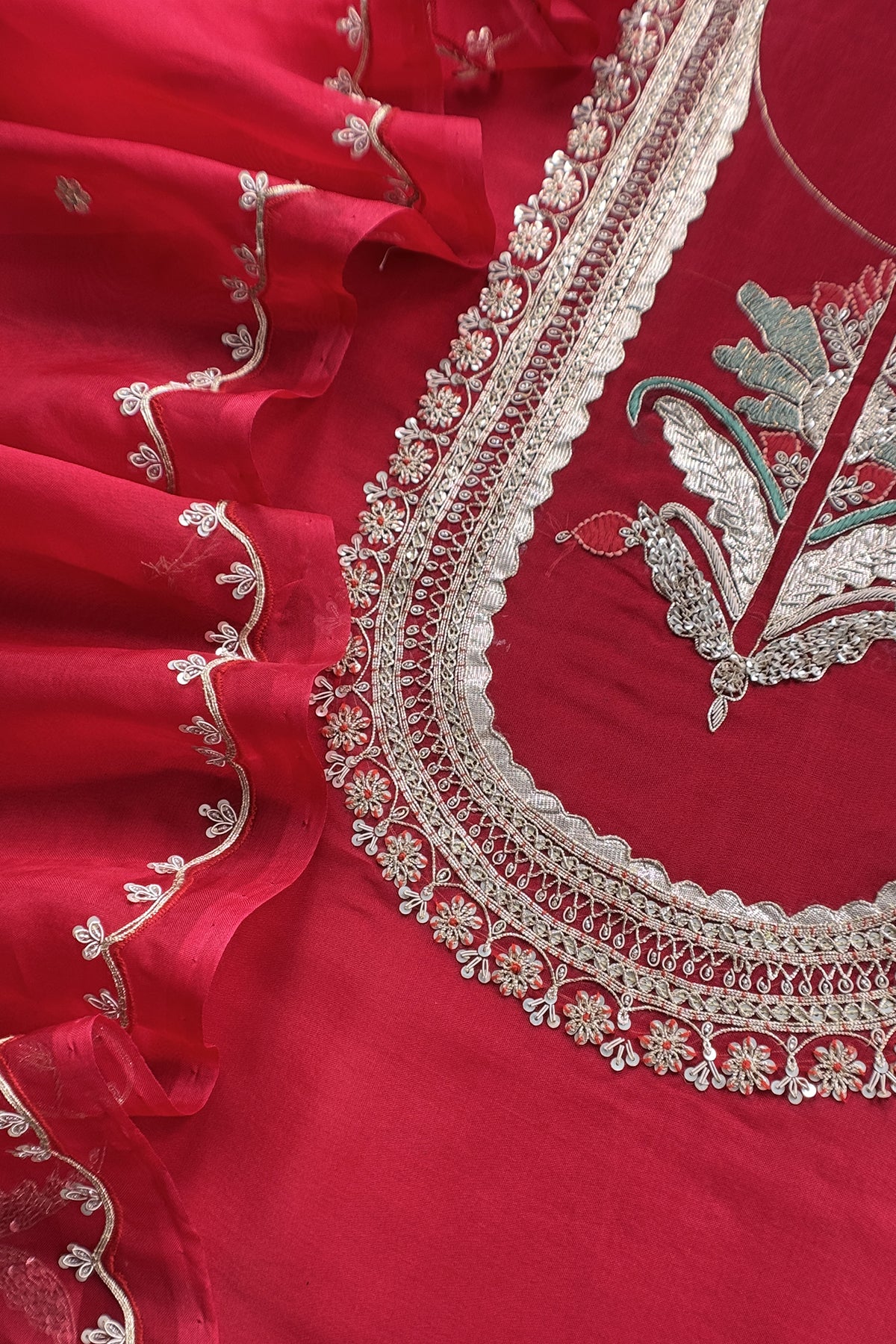 Red Handloom Kora silk Unstitched Suit With Dori, Dabka, Resham and Gota Patti Hand Work
