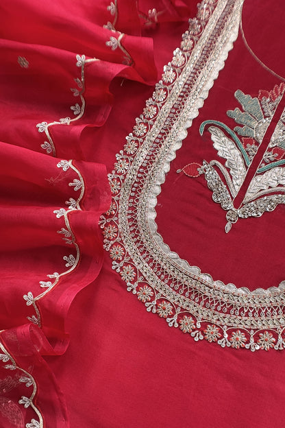 Red Handloom Kora silk Unstitched Suit With Dori, Dabka, Resham and Gota Patti Hand Work