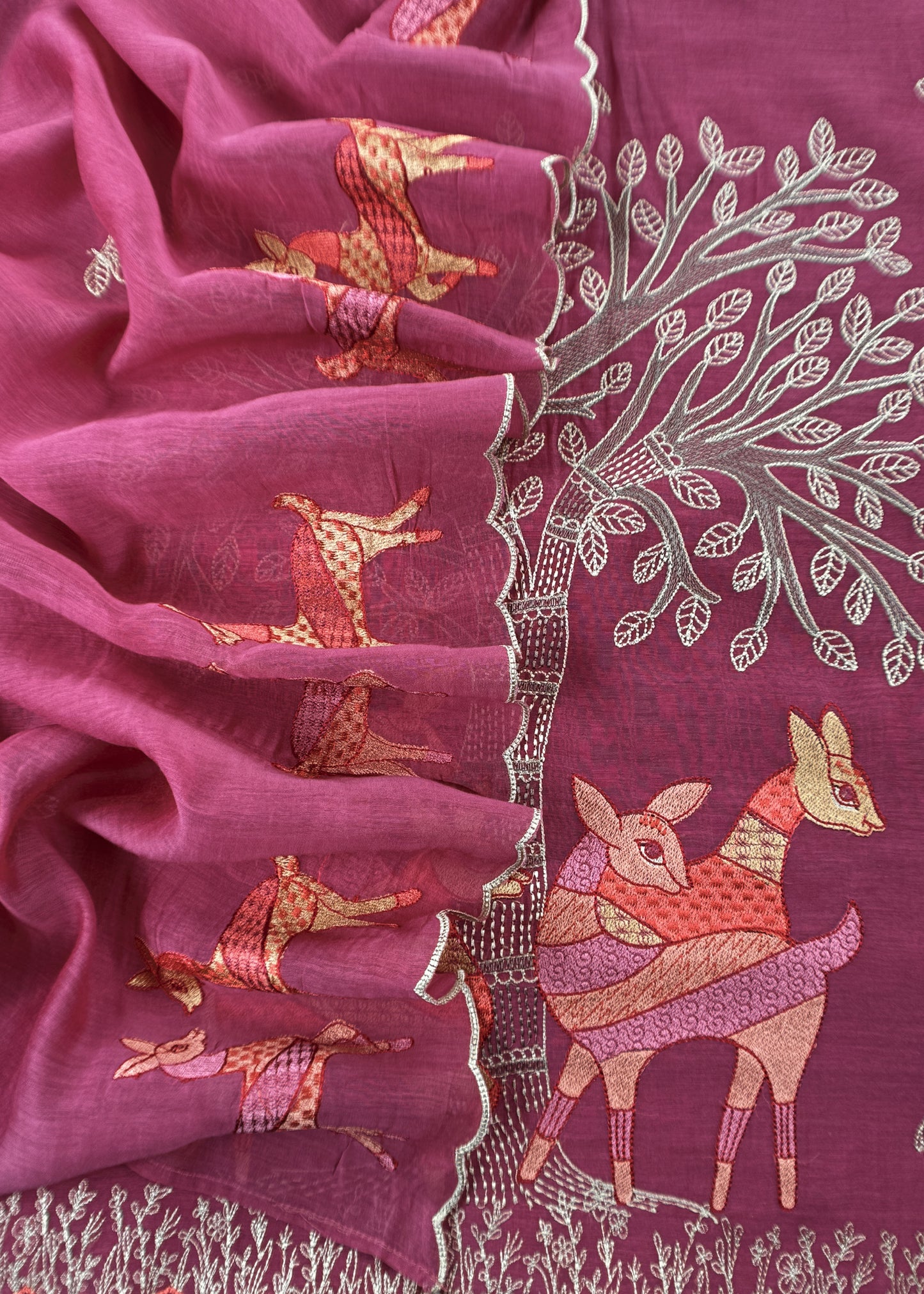 Pink Pure Mulmul Unstitched Fabric With Warli Art Appliqué Work