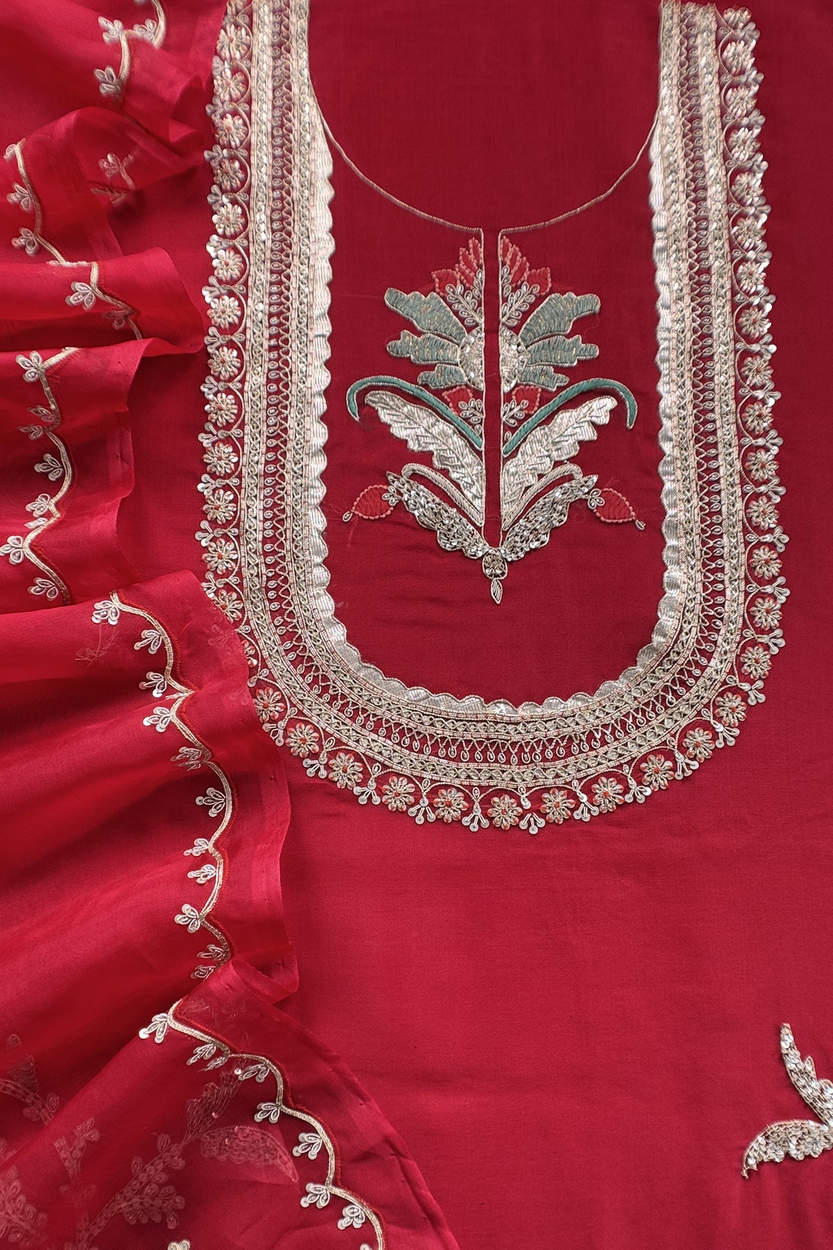 Red Handloom Kora silk Unstitched Suit With Dori, Dabka, Resham and Gota Patti Hand Work