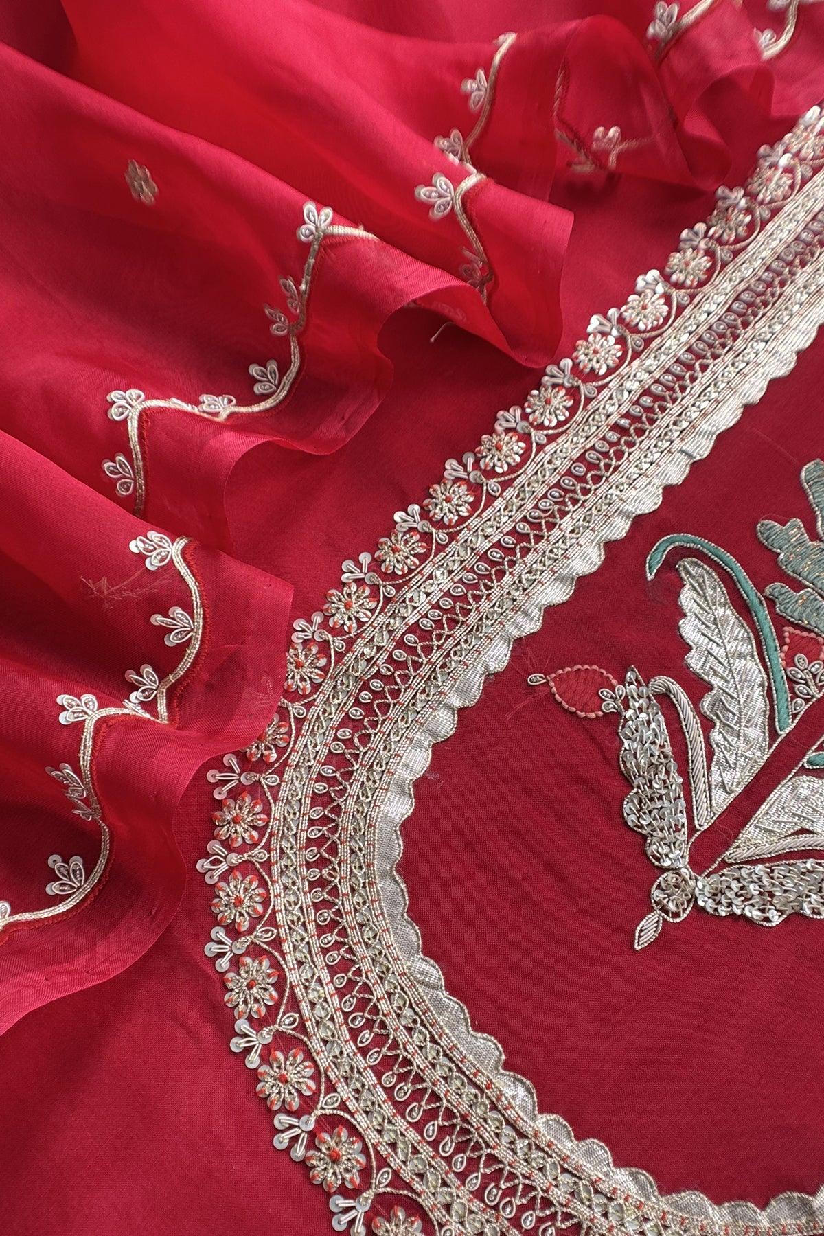 Red Handloom Kora silk Unstitched Suit With Dori, Dabka, Resham and Gota Patti Hand Work