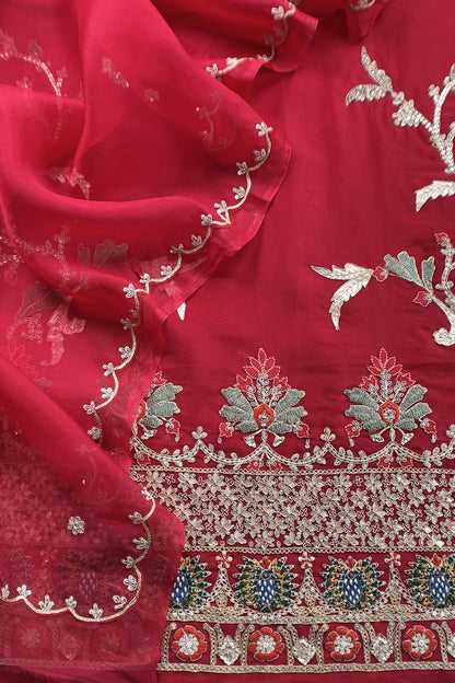 Red Handloom Kora silk Unstitched Suit With Dori, Dabka, Resham and Gota Patti Hand Work