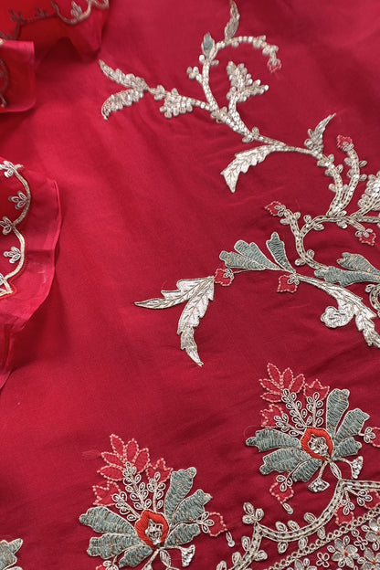 Red Handloom Kora silk Unstitched Suit With Dori, Dabka, Resham and Gota Patti Hand Work