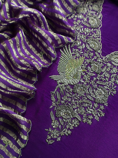 Violet Pure Silk Suit With Tissue Silk Dupatta