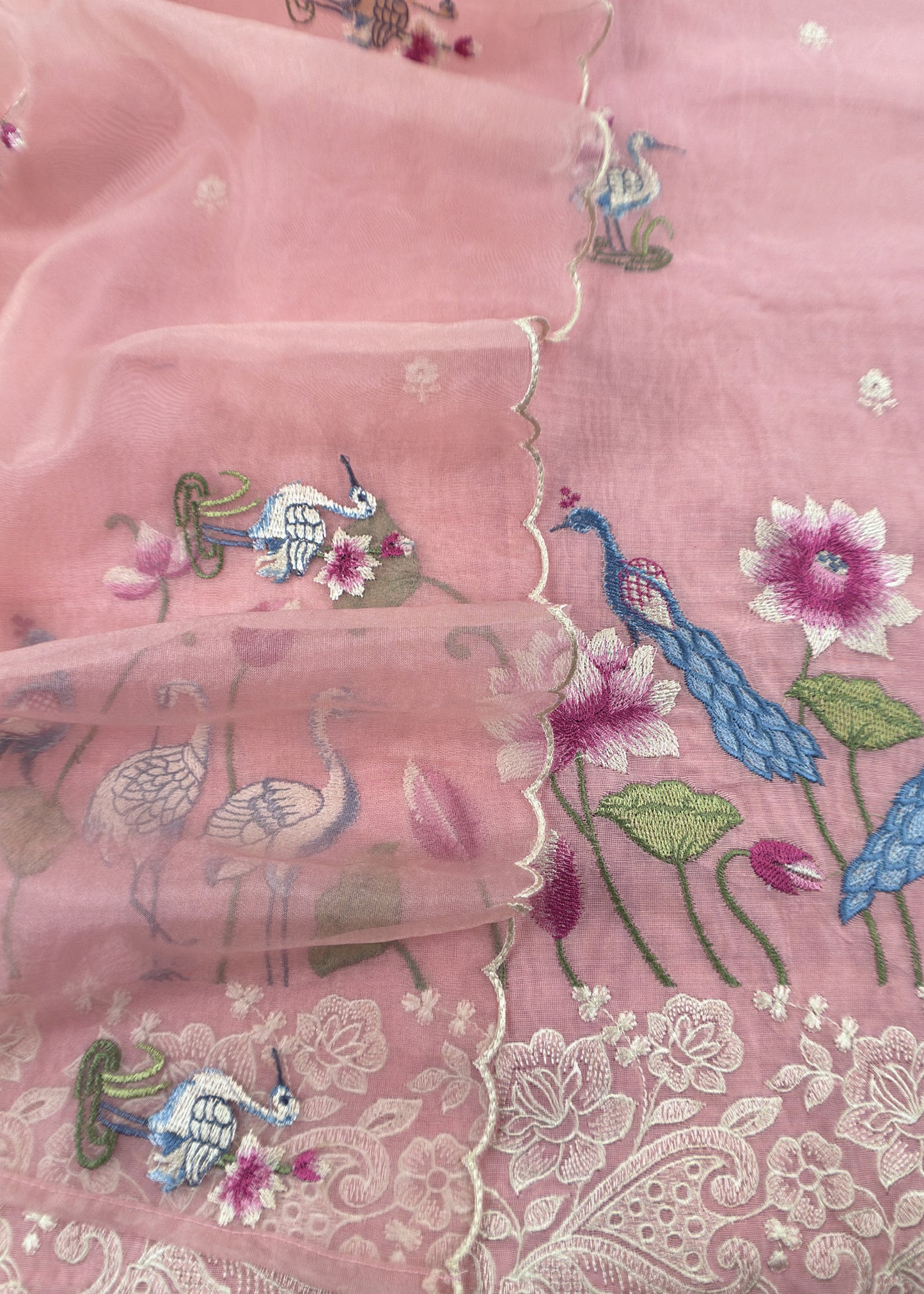 Pink Chanderi Kurta With Organza Dupatta Having Resham Flamingo Embroidery