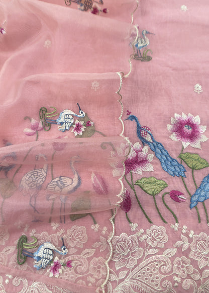Pink Chanderi Kurta With Organza Dupatta Having Resham Flamingo Embroidery