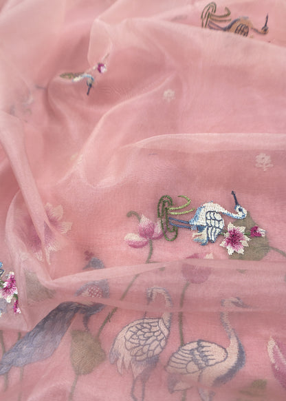 Pink Chanderi Kurta With Organza Dupatta Having Resham Flamingo Embroidery