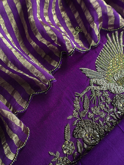 Violet Pure Silk Suit With Tissue Silk Dupatta