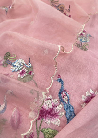 Pink Chanderi Kurta With Organza Dupatta Having Resham Flamingo Embroidery