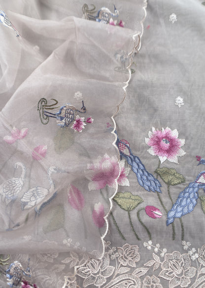 Grey Chanderi Kurta With Organza Dupatta Having Resham Flamingo Embroidery