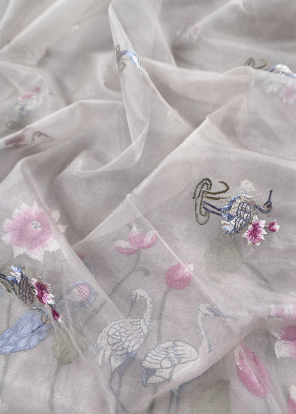 Grey Chanderi Kurta With Organza Dupatta Having Resham Flamingo Embroidery