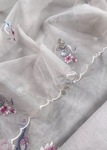 Grey Chanderi Kurta With Organza Dupatta Having Resham Flamingo Embroidery
