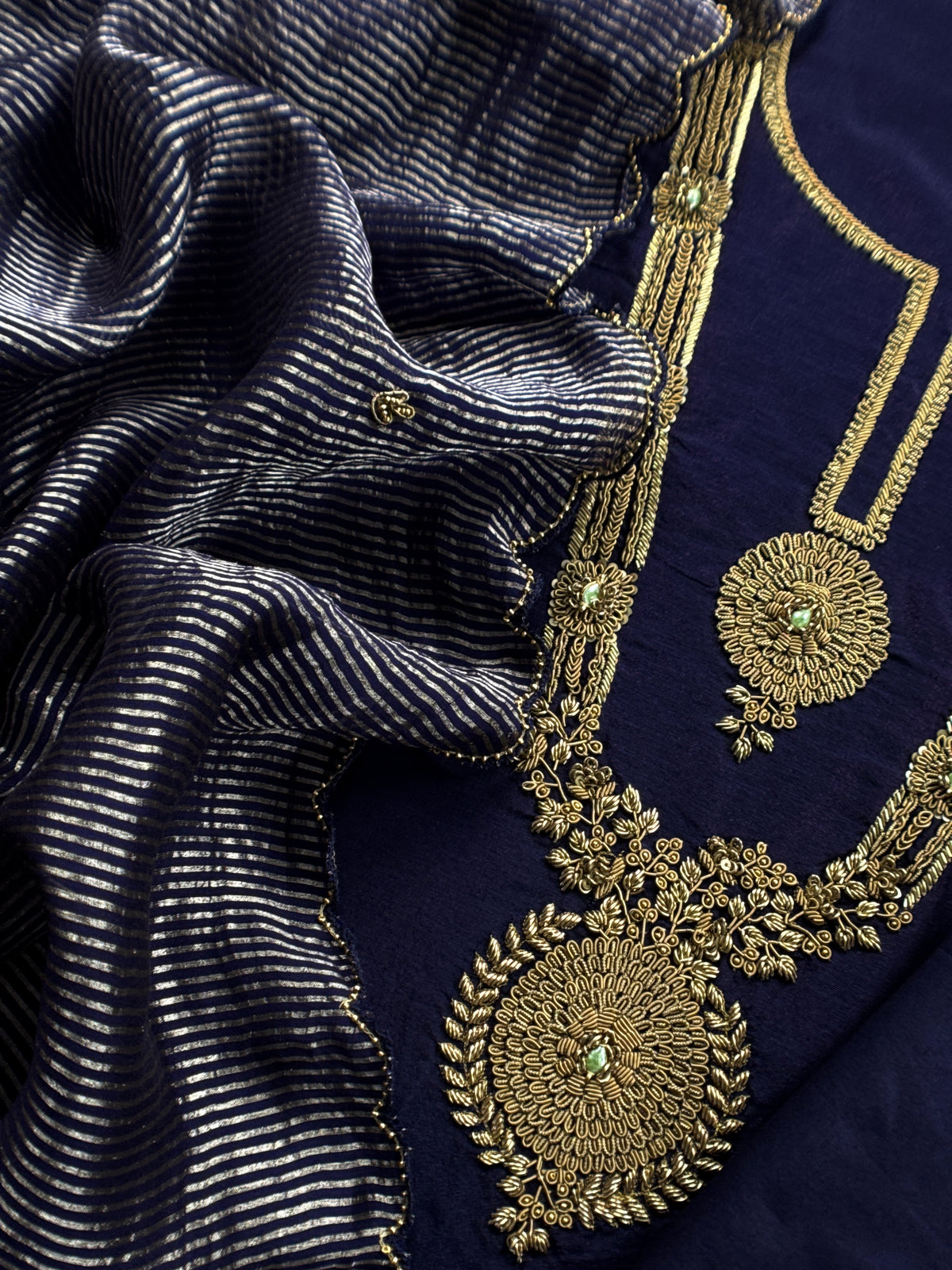 Navy Blue Pure Silk Suit With Tissue Silk Dupatta