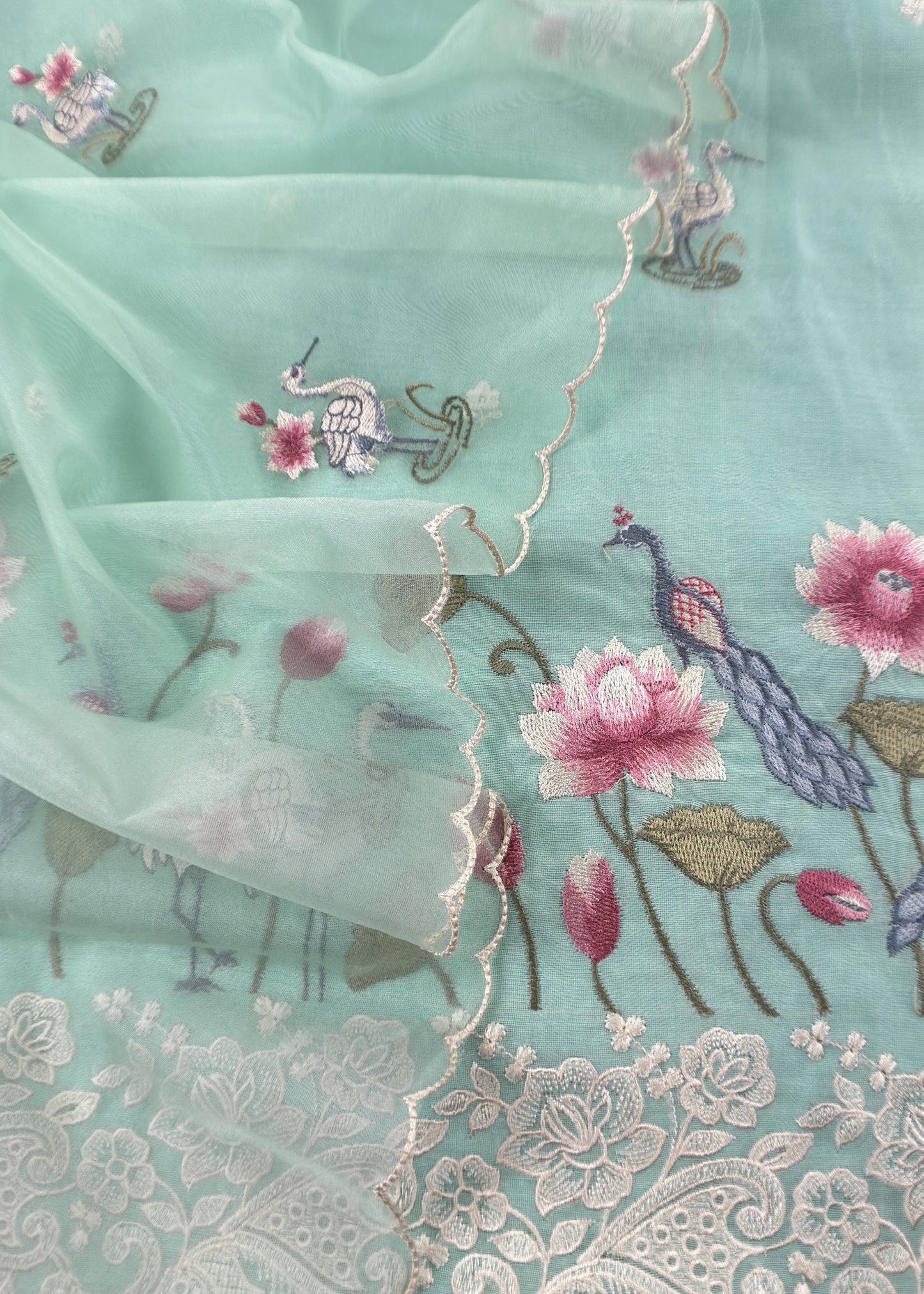 Powder Seagreen Chanderi Kurta With Organza Dupatta Having Resham Flamingo Embroidery