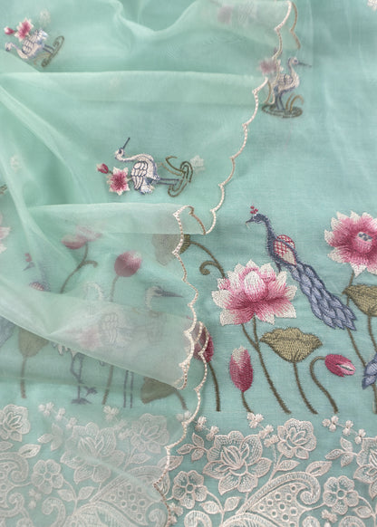 Powder Seagreen Chanderi Kurta With Organza Dupatta Having Resham Flamingo Embroidery
