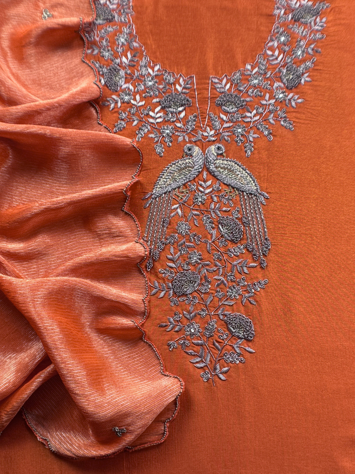 Rust Pure Silk Suit With Tissue Silk Dupatta
