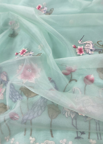 Powder Seagreen Chanderi Kurta With Organza Dupatta Having Resham Flamingo Embroidery