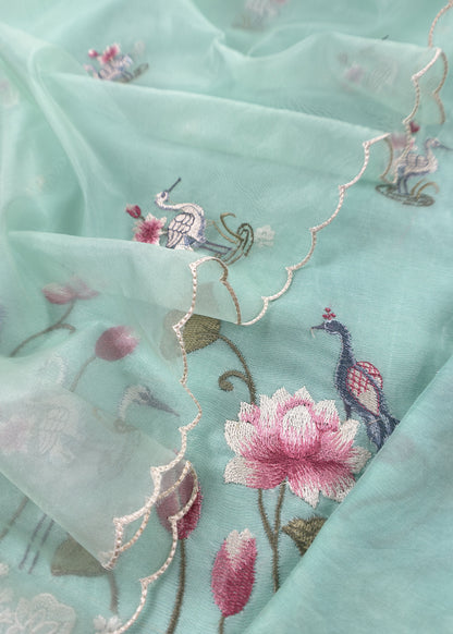 Powder Seagreen Chanderi Kurta With Organza Dupatta Having Resham Flamingo Embroidery