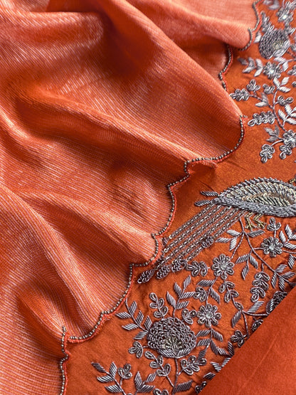 Rust Pure Silk Suit With Tissue Silk Dupatta
