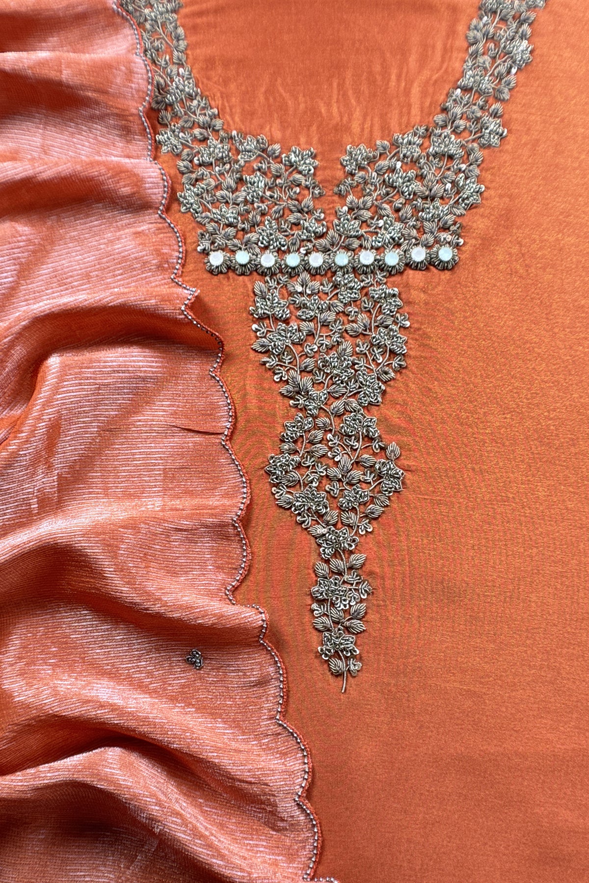 Orange Tissue Silk Unstitched Suit With Zardosi And Jadau Navratna Handwork