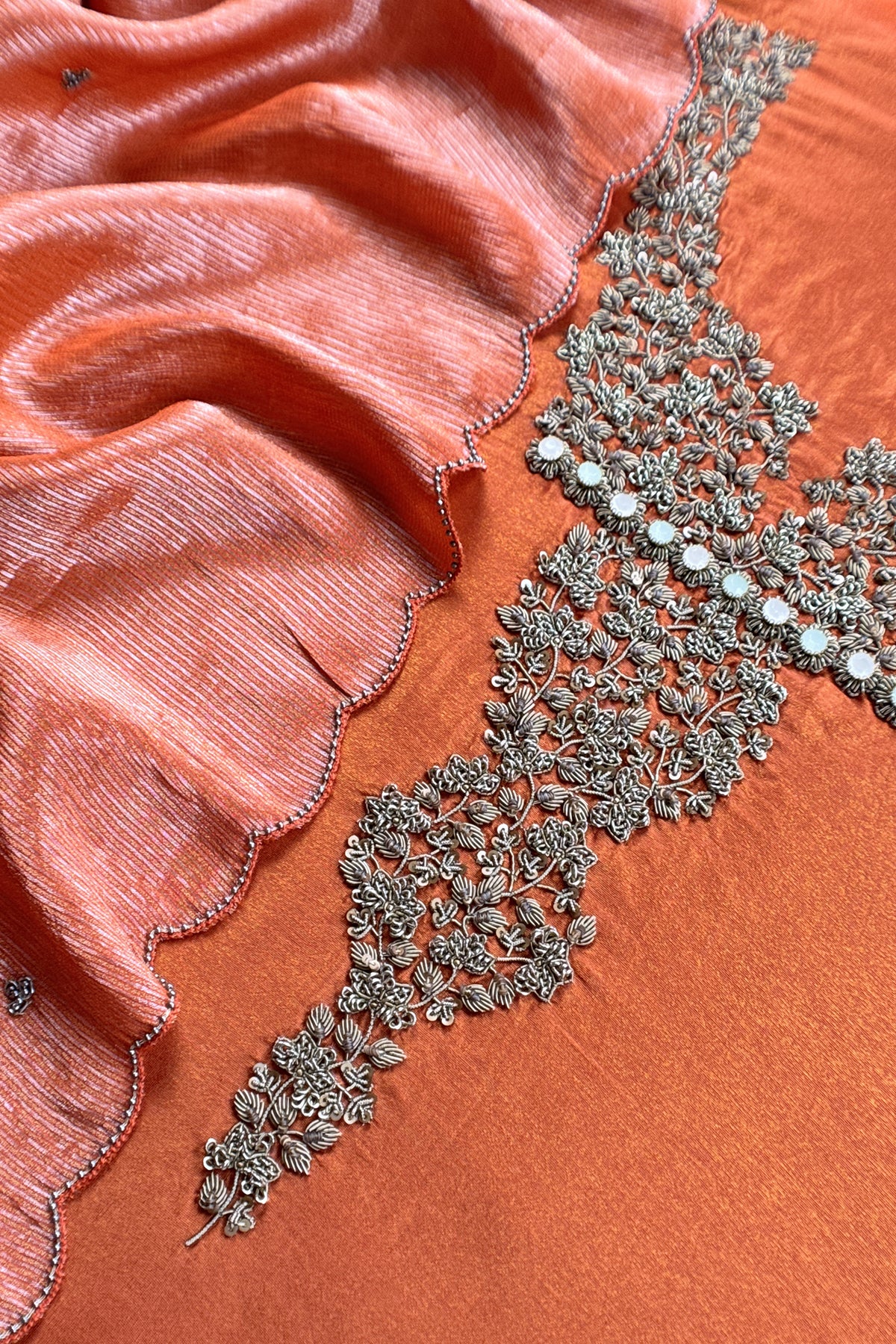 Orange Tissue Silk Unstitched Suit With Zardosi And Jadau Navratna Handwork