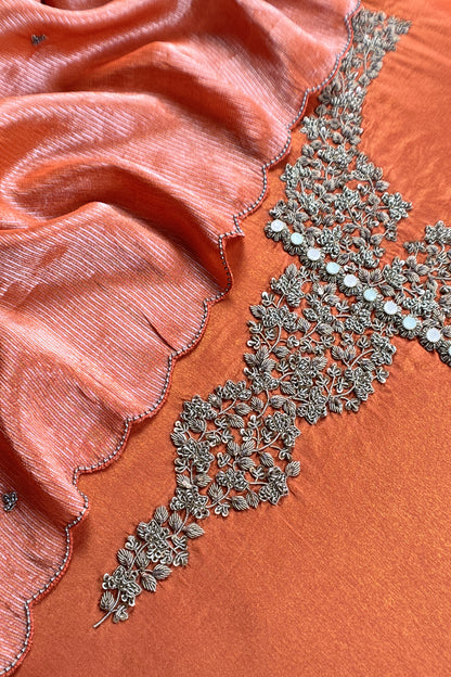 Orange Tissue Silk Unstitched Suit With Zardosi And Jadau Navratna Handwork