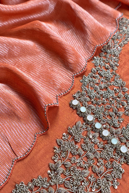 Orange Tissue Silk Unstitched Suit With Zardosi And Jadau Navratna Handwork