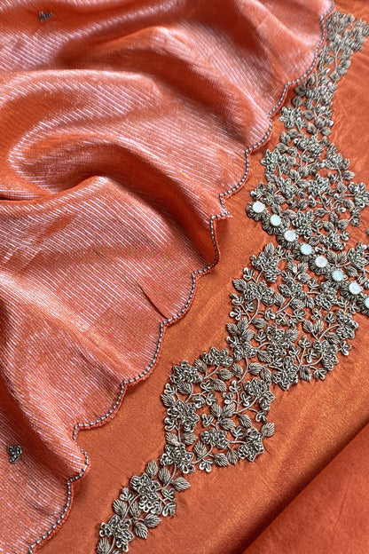 Orange Tissue Silk Unstitched Suit With Zardosi And Jadau Navratna Handwork