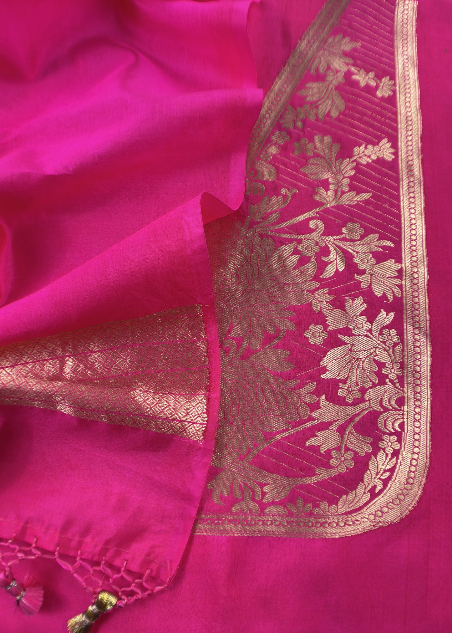 Pink Handloom Katan Silk Suit Fabric With Peonies Kadwa Weaving