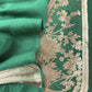 Green Handloom Katan Silk Suit Fabric With Peonies Kadwa Weaving