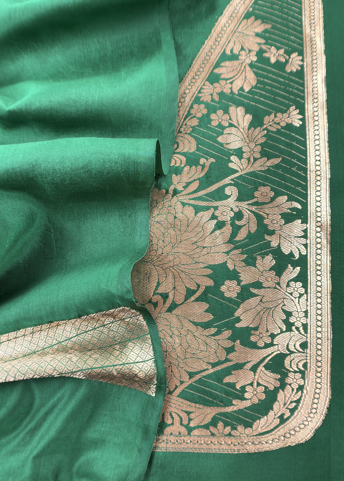 Green Handloom Katan Silk Suit Fabric With Peonies Kadwa Weaving