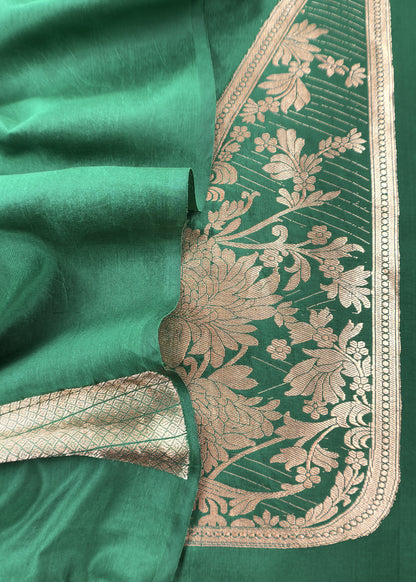 Green Handloom Katan Silk Suit Fabric With Peonies Kadwa Weaving