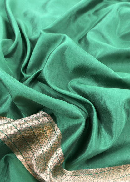 Green Handloom Katan Silk Suit Fabric With Peonies Kadwa Weaving