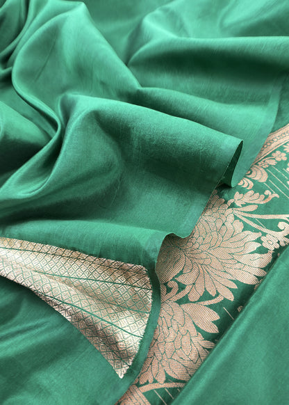 Green Handloom Katan Silk Suit Fabric With Peonies Kadwa Weaving