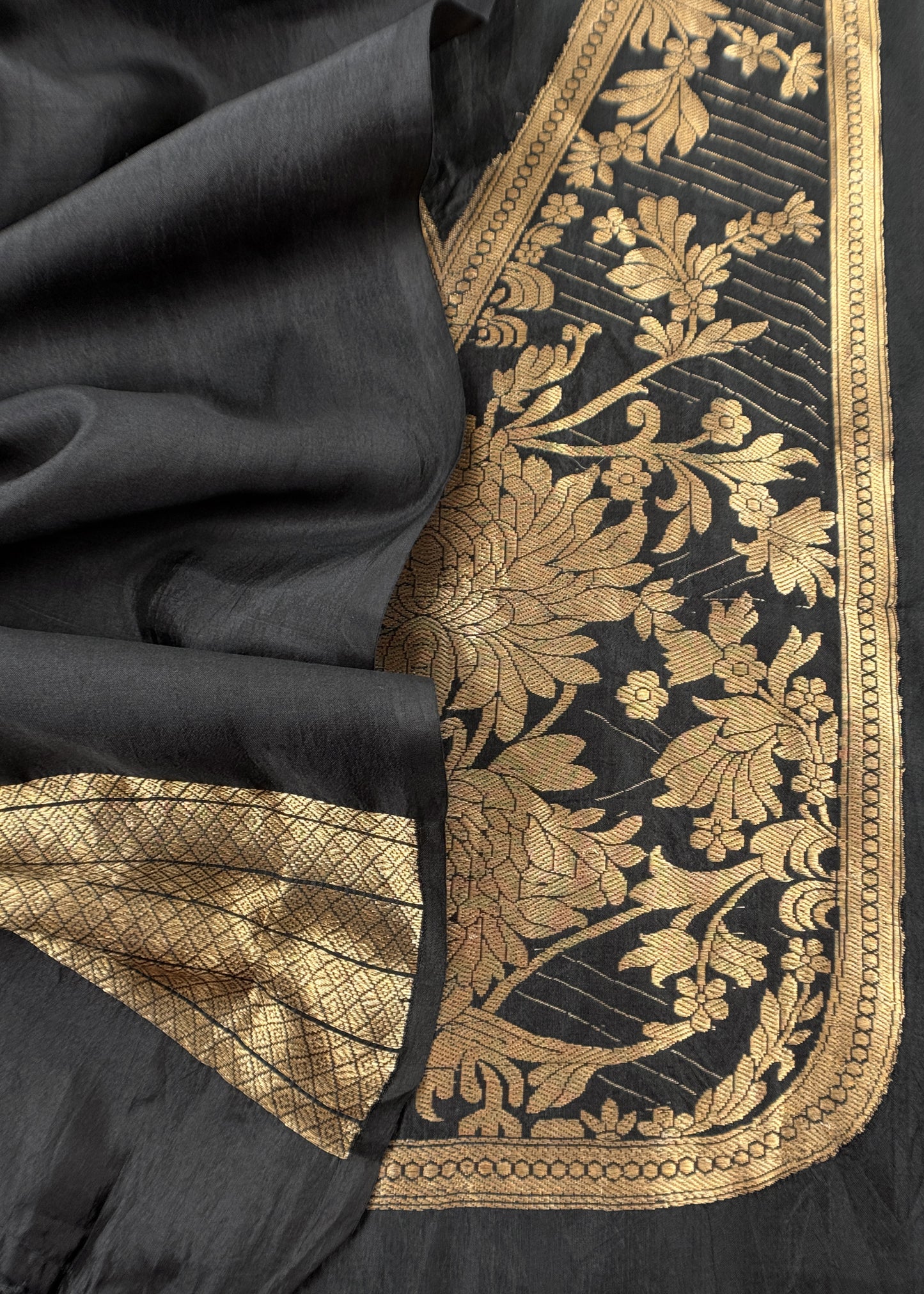 Black Handloom Satan Silk Suit Fabric With Peonies Kadwa Weaving