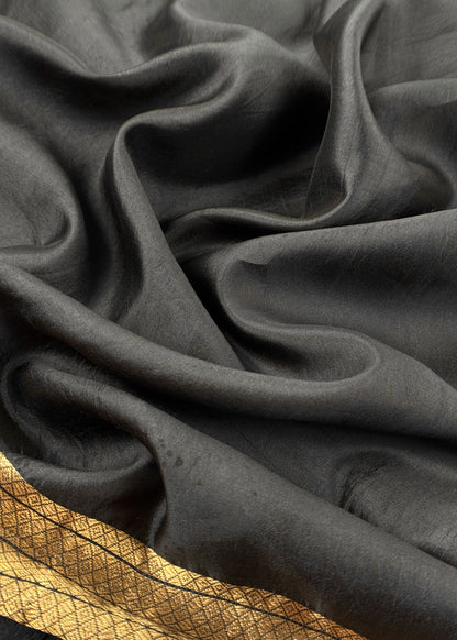 Black Handloom Satan Silk Suit Fabric With Peonies Kadwa Weaving