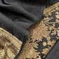 Black Handloom Satan Silk Suit Fabric With Peonies Kadwa Weaving