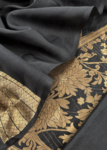 Black Handloom Satan Silk Suit Fabric With Peonies Kadwa Weaving