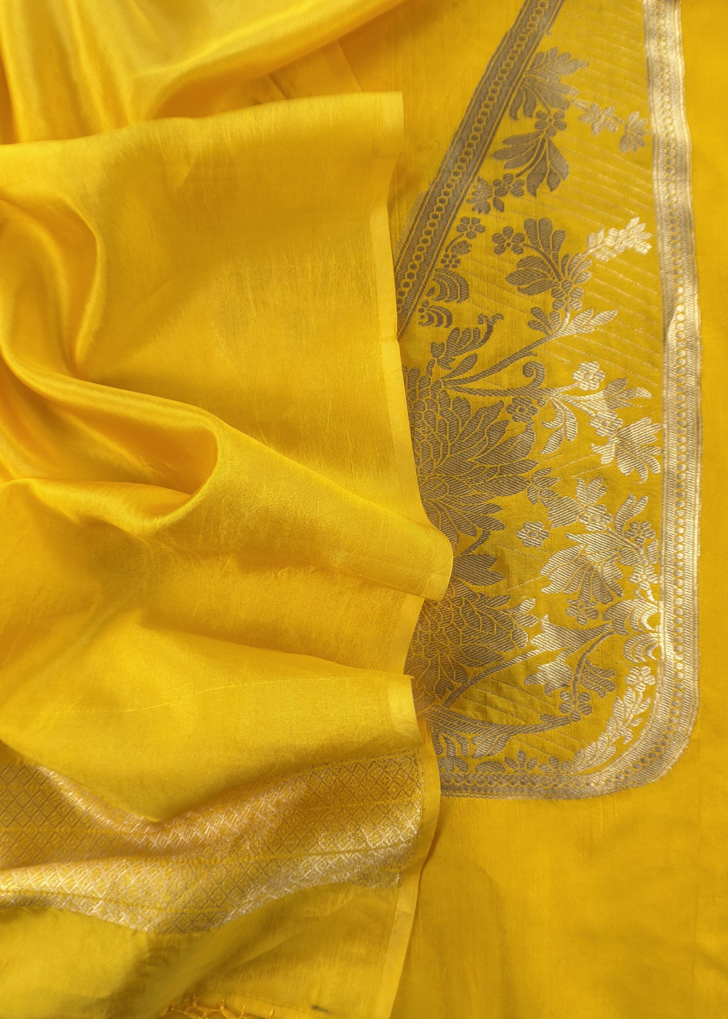 Yellow Handloom Katan Silk Suit Fabric With Peonies Kadwa Weaving