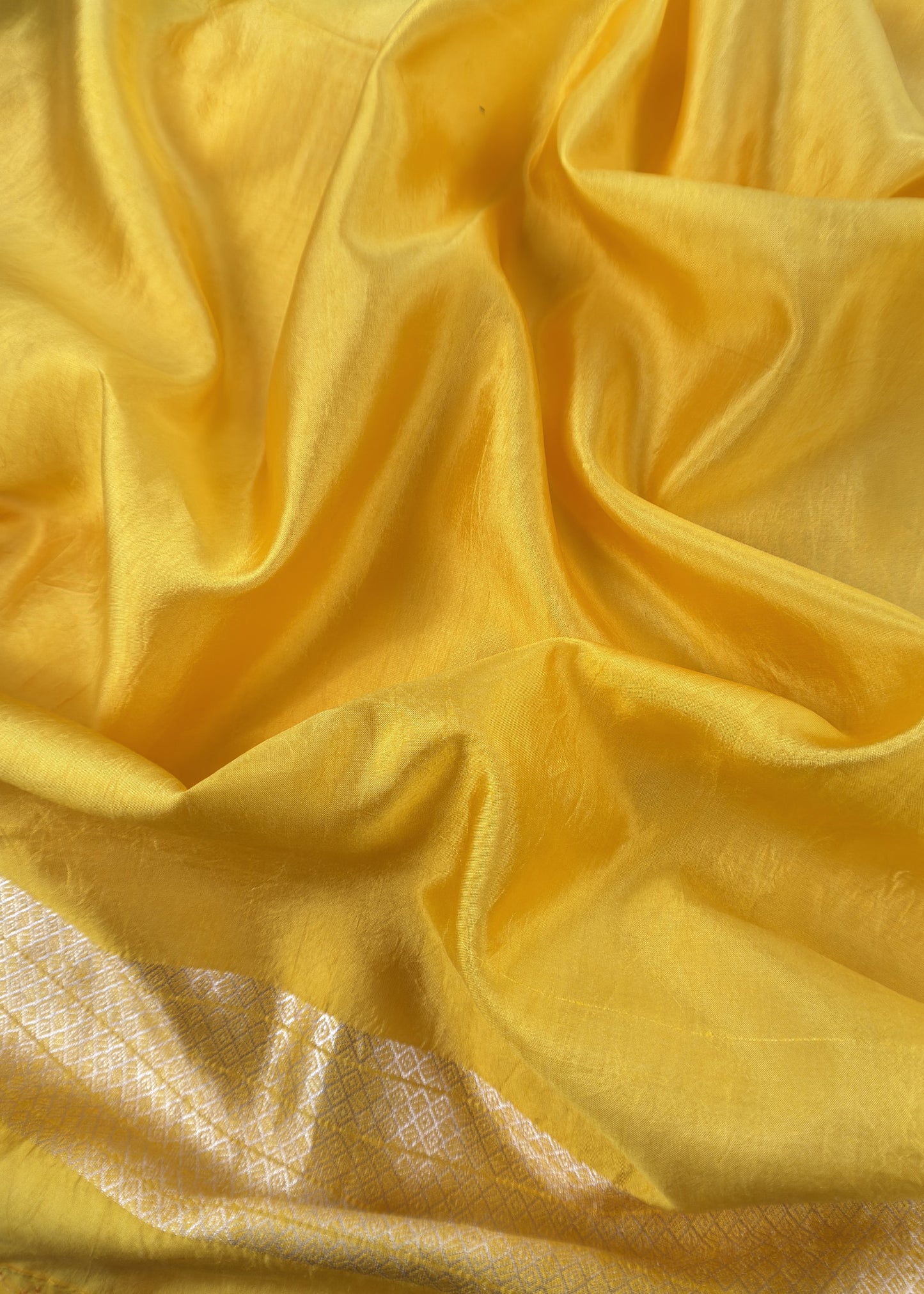 Yellow Handloom Katan Silk Suit Fabric With Peonies Kadwa Weaving