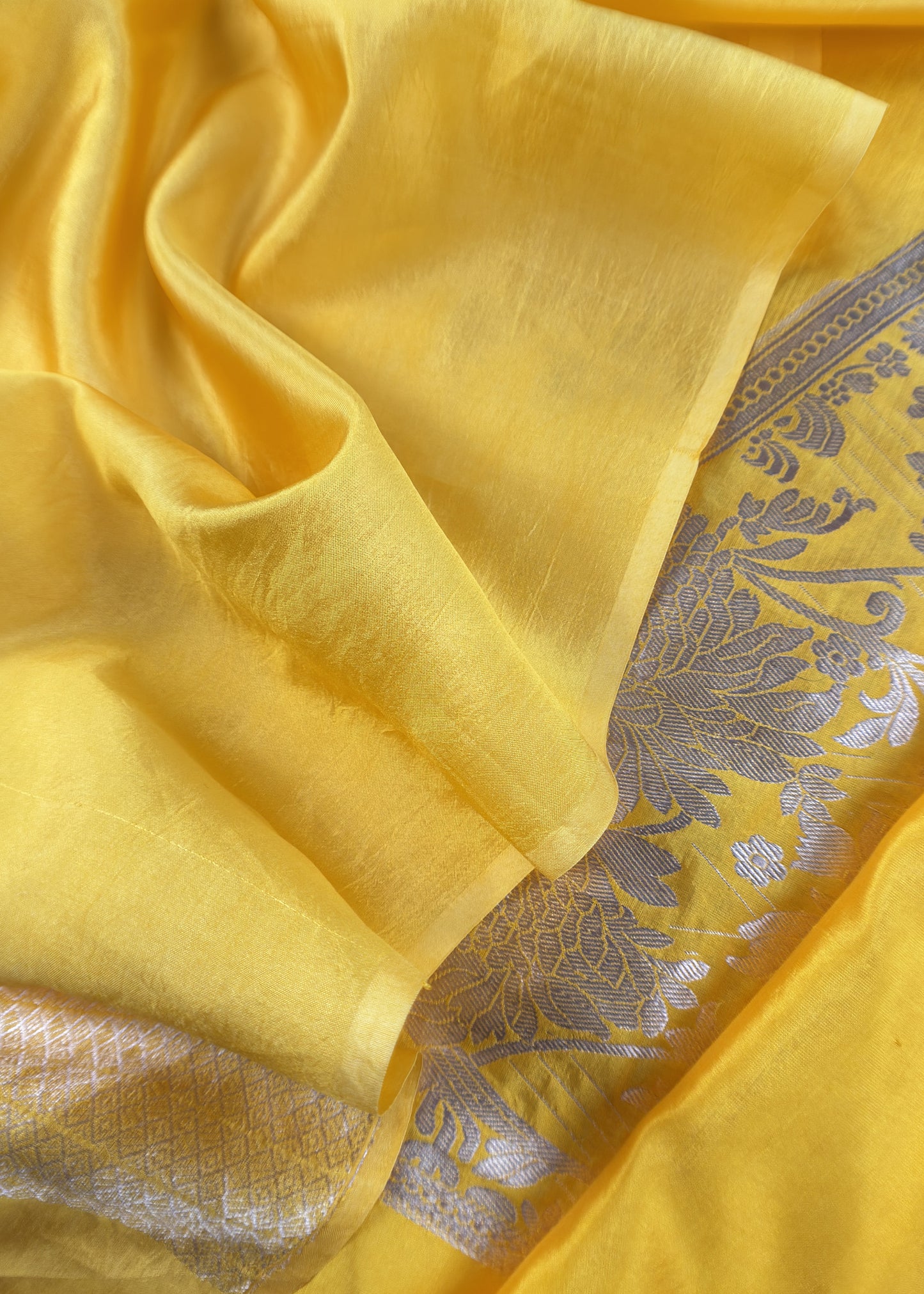Yellow Handloom Katan Silk Suit Fabric With Peonies Kadwa Weaving