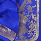 Blue Handloom Katan Silk Suit Fabric With Peonies Kadwa Weaving