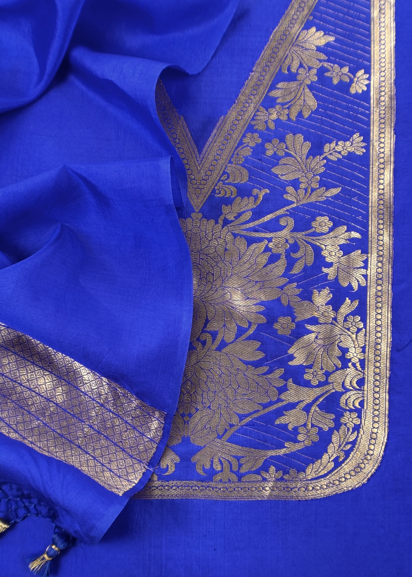 Blue Handloom Katan Silk Suit Fabric With Peonies Kadwa Weaving