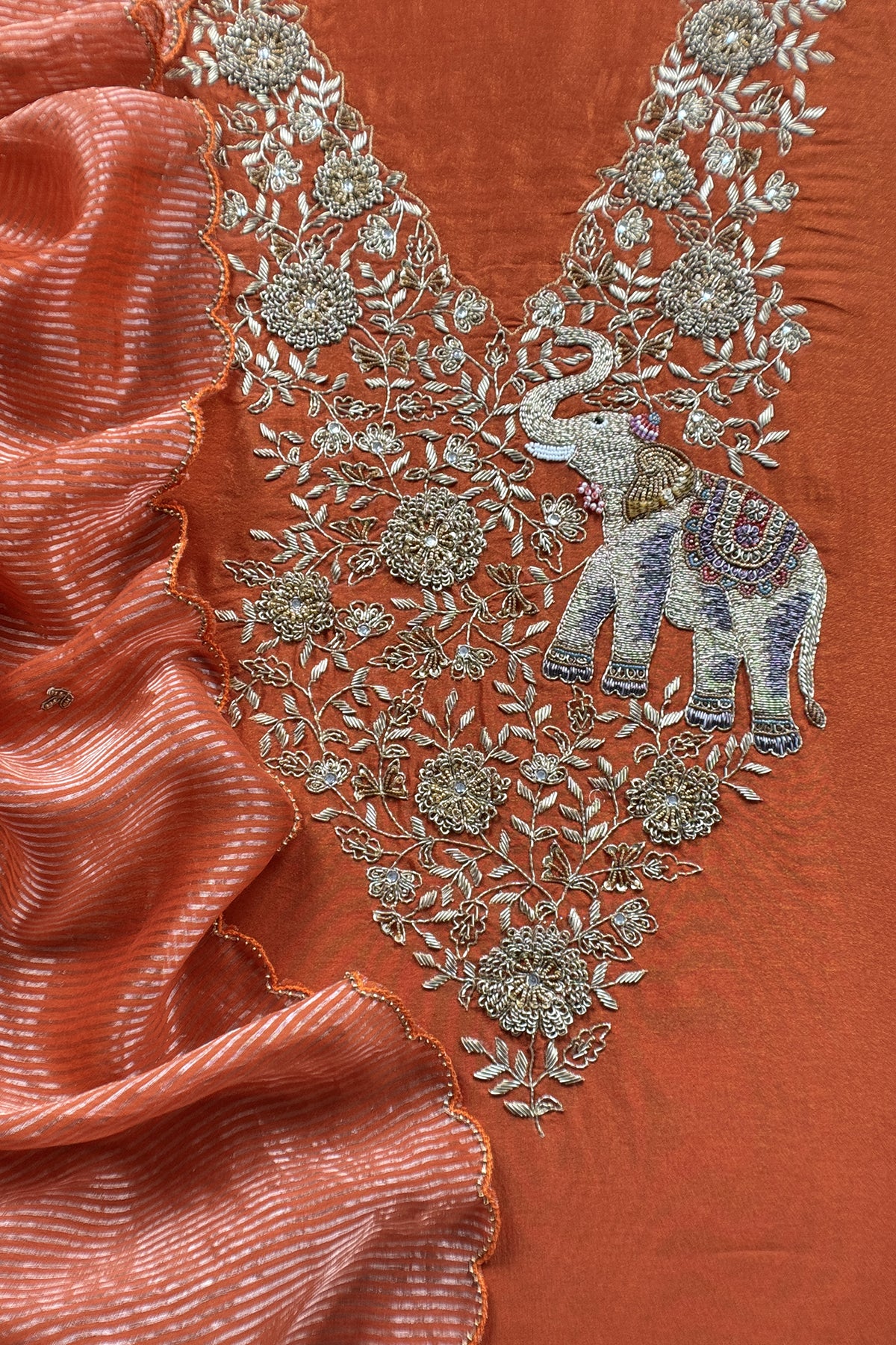 Rust Orange Pure Silk Suit With Tissue Silk Dupatta