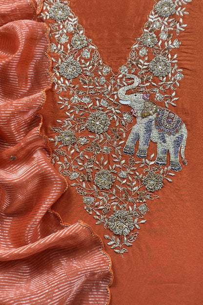 Rust Orange Pure Silk Suit With Tissue Silk Dupatta