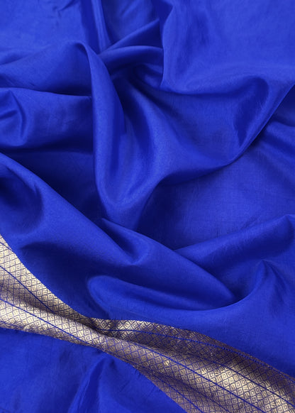 Blue Handloom Katan Silk Suit Fabric With Peonies Kadwa Weaving