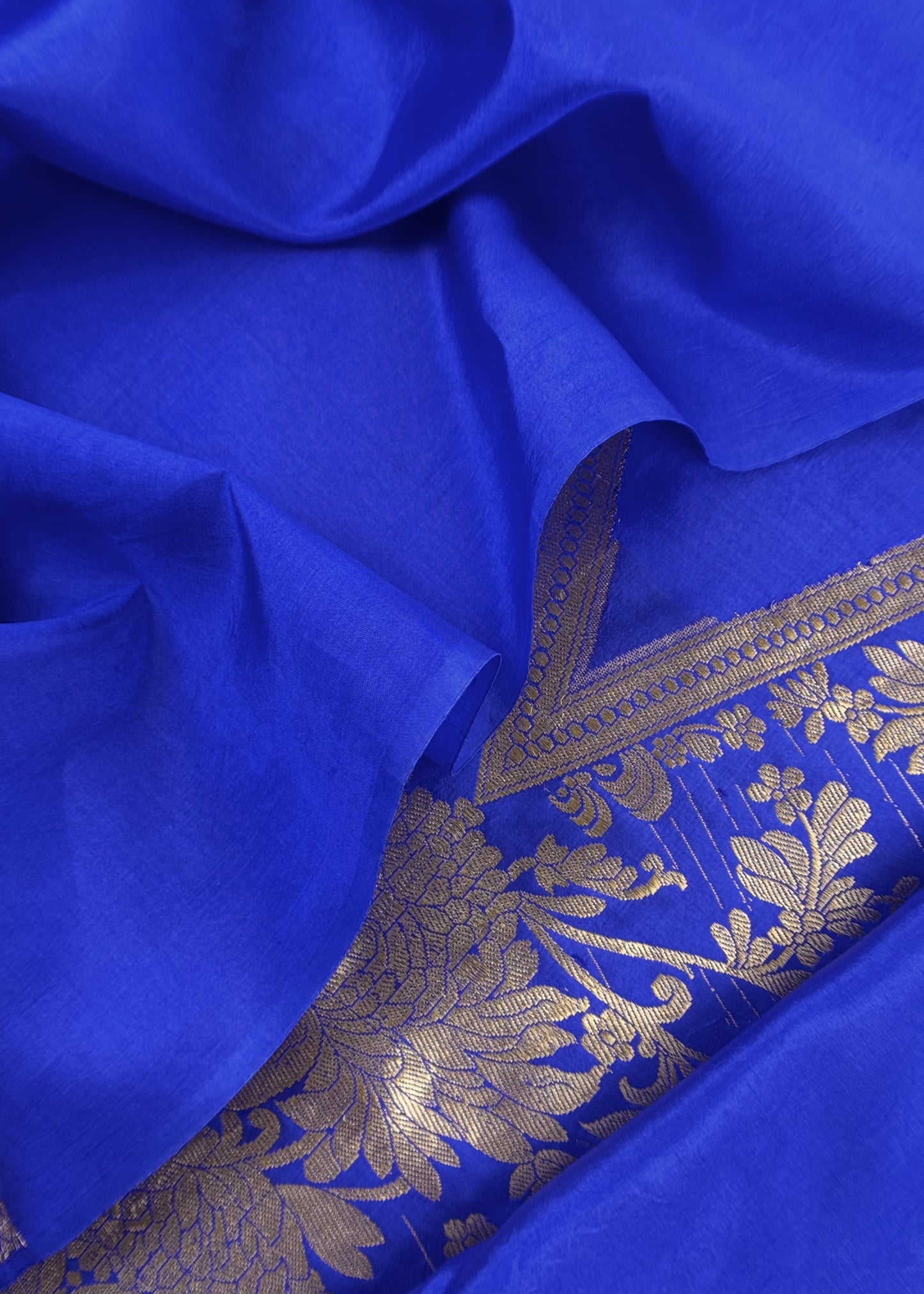 Blue Handloom Katan Silk Suit Fabric With Peonies Kadwa Weaving