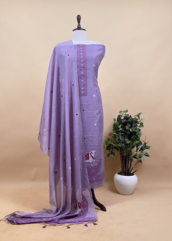 Green Linen Chanderi Unstitched Suit With Pichwai Jamdani Weaving