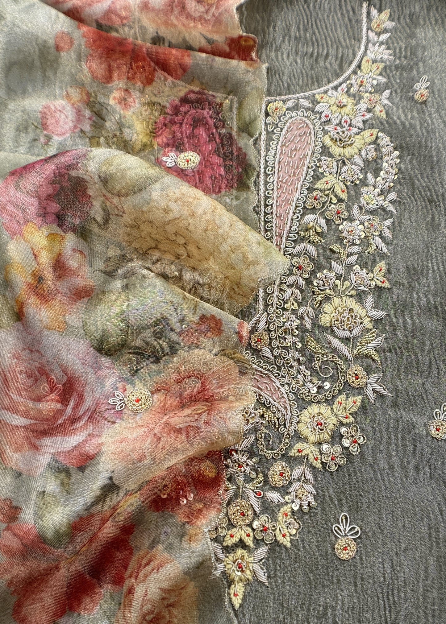 Olive Green Pure Crushed Tissue Kurta And Brush-Print Dupatta With Handwork