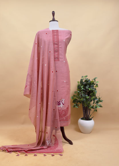 Mustard  Linen Chanderi Unstitched Suit With Pichwai Jamdani Weaving